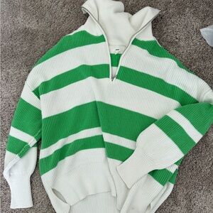 Aerie Green and White Knit Half-Zip Sweater